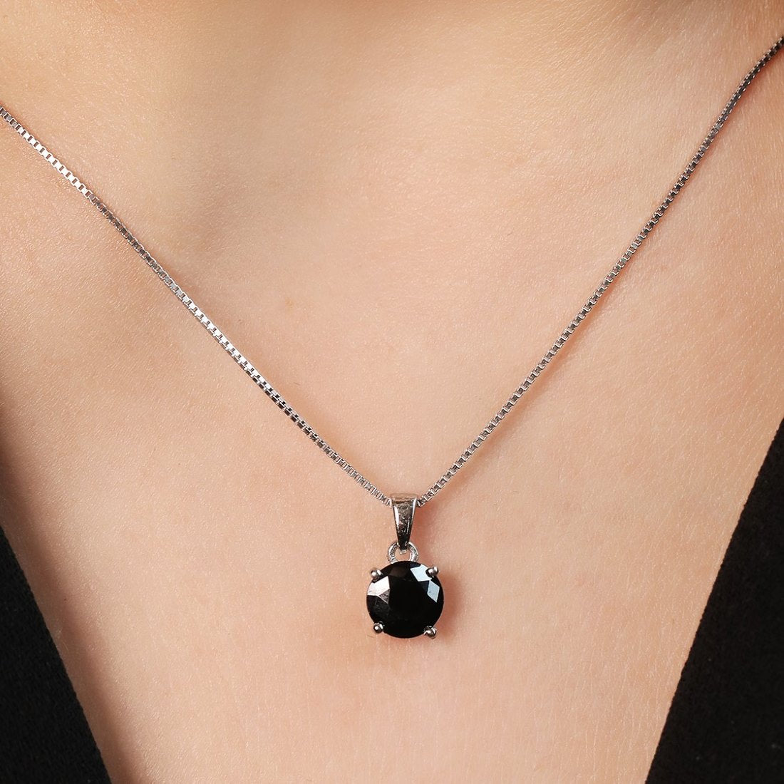 Eclipse Black CZ Elegance 925 Sterling Silver Rhodium-Plated Pending with Chain