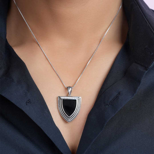 Textured Shield Rhodium Plated 925 Sterling Silver Men's Pendant