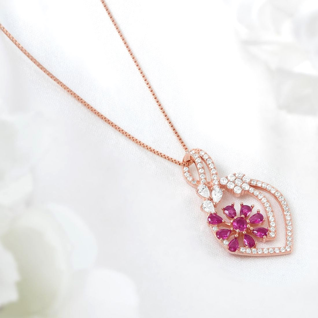 Floral Elegance Pink CZ Rose Gold Plated 925 Sterling Silver Pendant