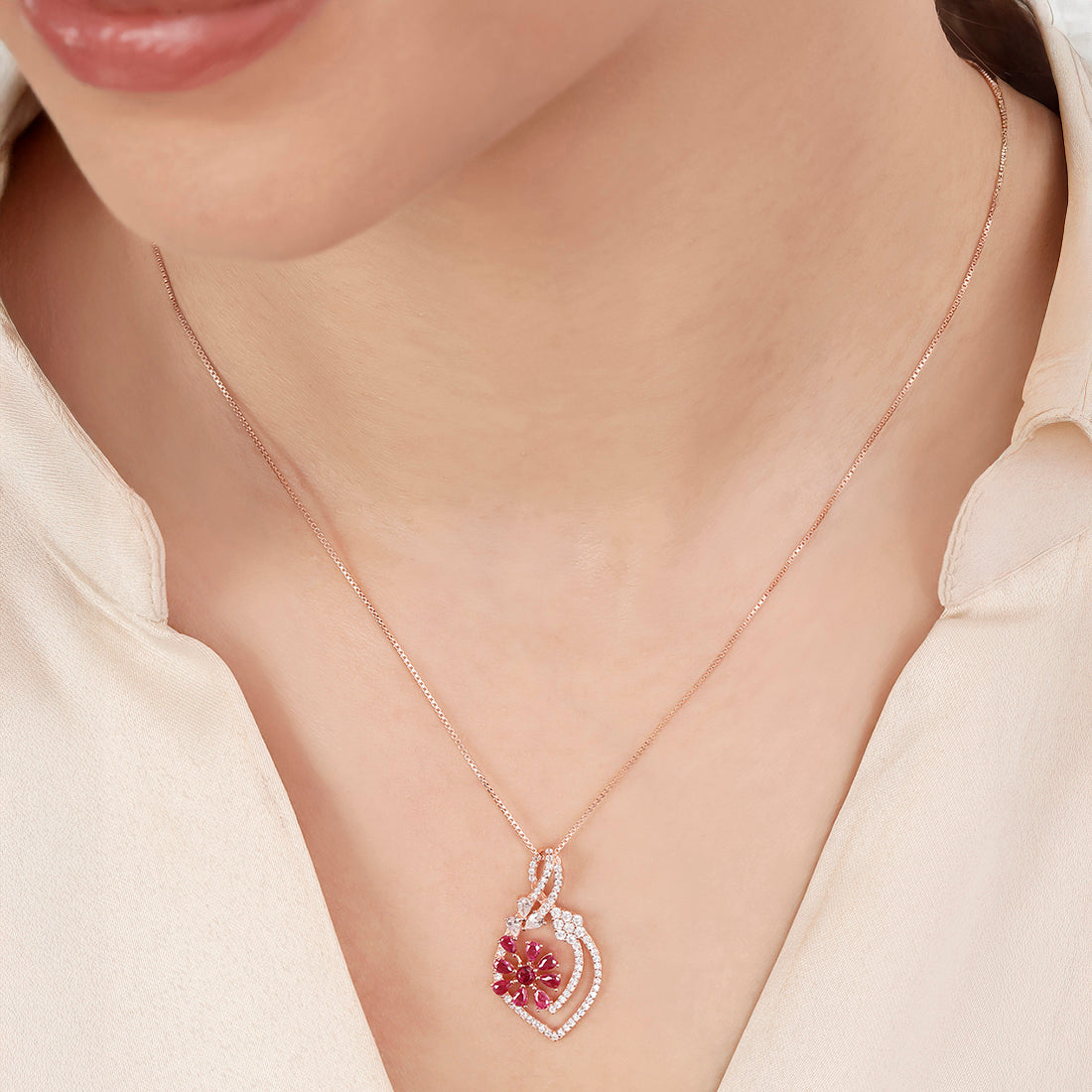 Floral Elegance Pink CZ Rose Gold Plated 925 Sterling Silver Pendant