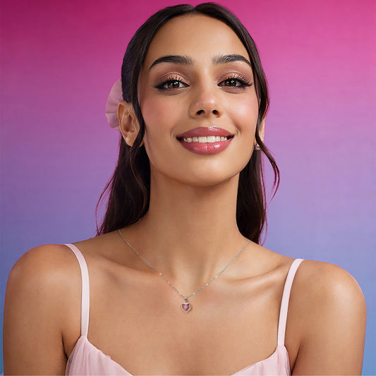 Love's Safe Pink Heart Rhodium Plated 925 Silver Pendant with Link Chain