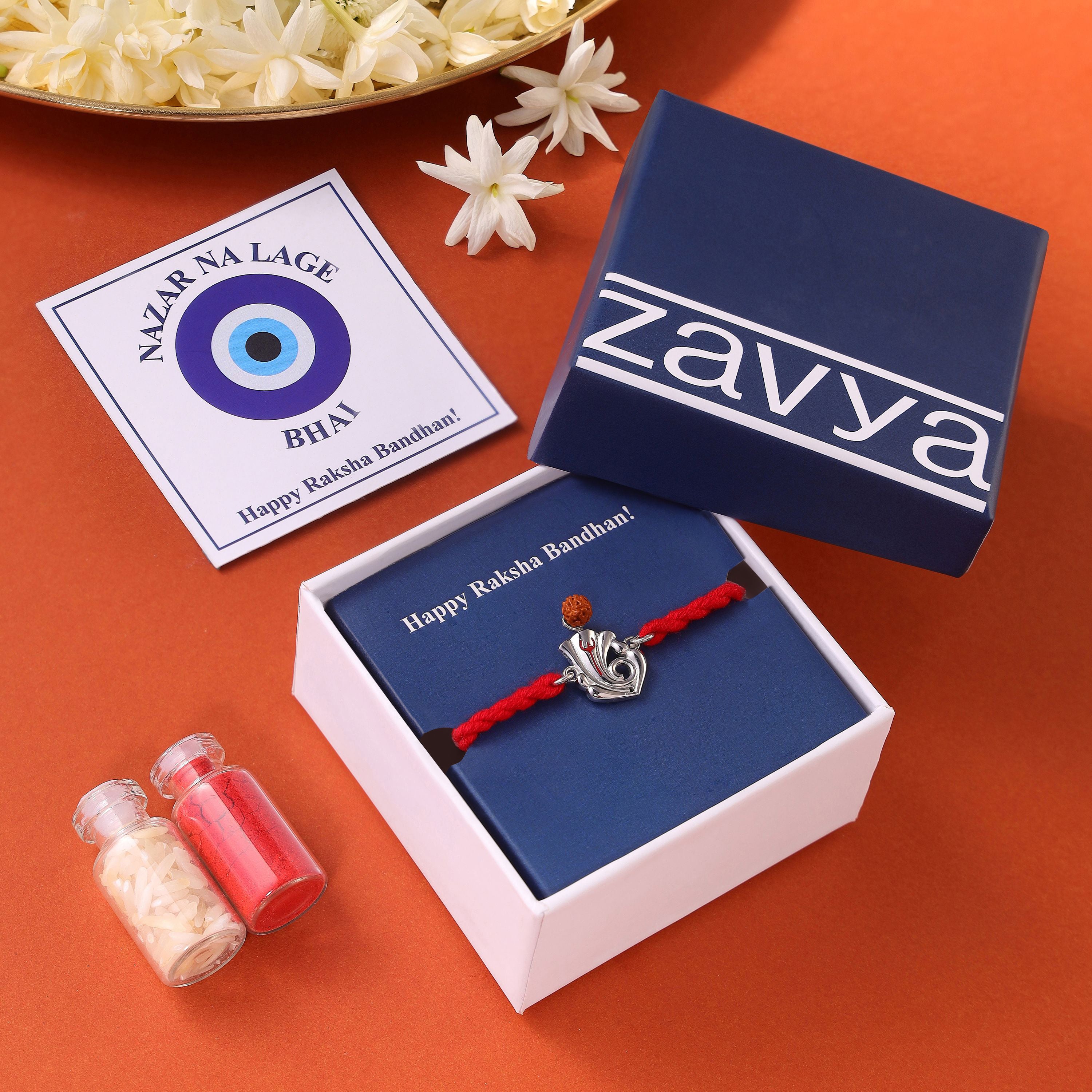 Sacred Ganesh Ji With Rudraksh Rhodium-Plated Sterling Silver Thread Rakhi