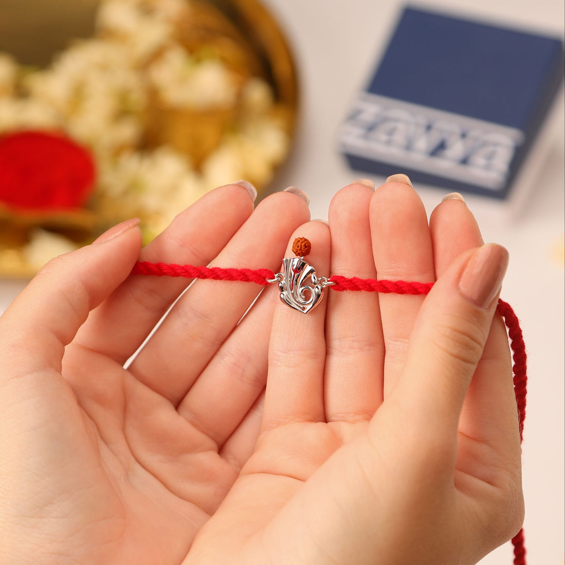 Sacred Ganesh Ji With Rudraksh Rhodium-Plated Sterling Silver Thread Rakhi