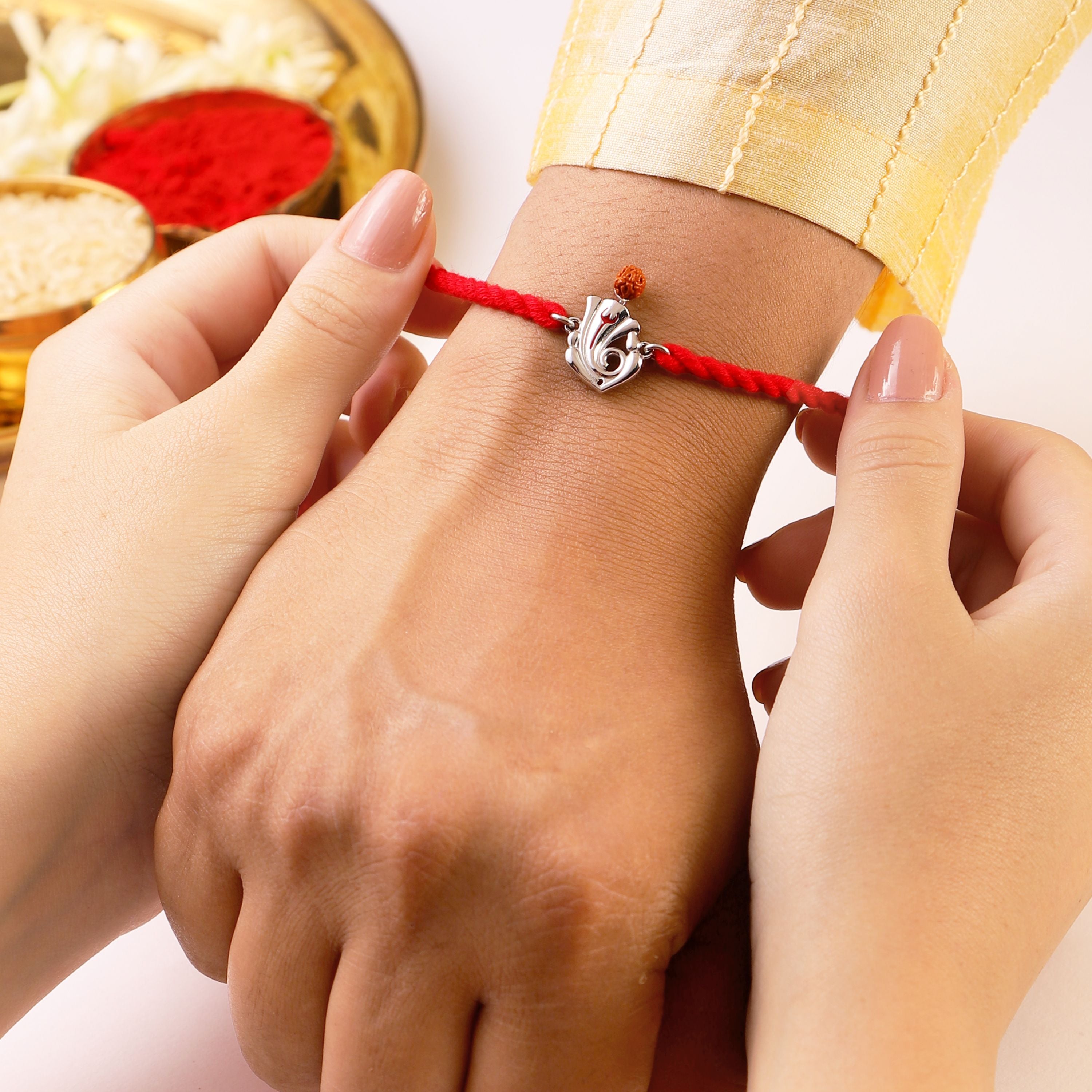 Sacred Ganesh Ji With Rudraksh Rhodium-Plated Sterling Silver Thread Rakhi
