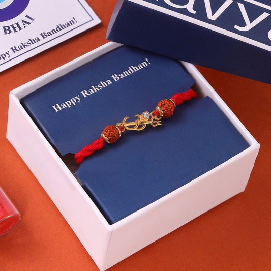 Om Trishul Charm Gold-Plated 925 Sterling Silver Rakhi with Rudraksha Beads for Him
