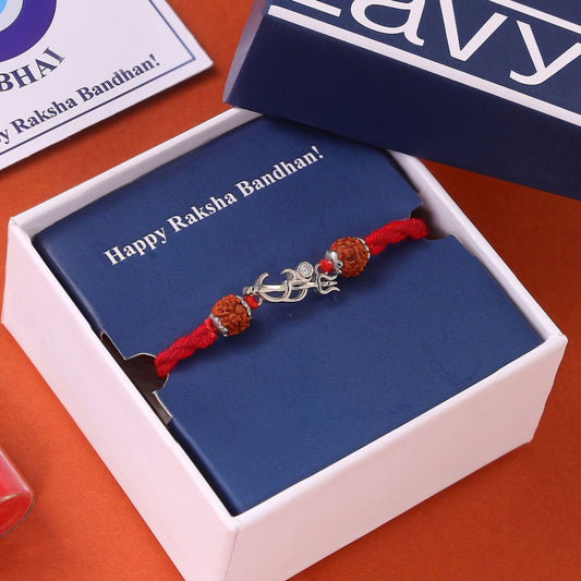 Om Trishul Charm Rhodium-Plated 925 Sterling Silver Rakhi with Rudraksha Beads for Him