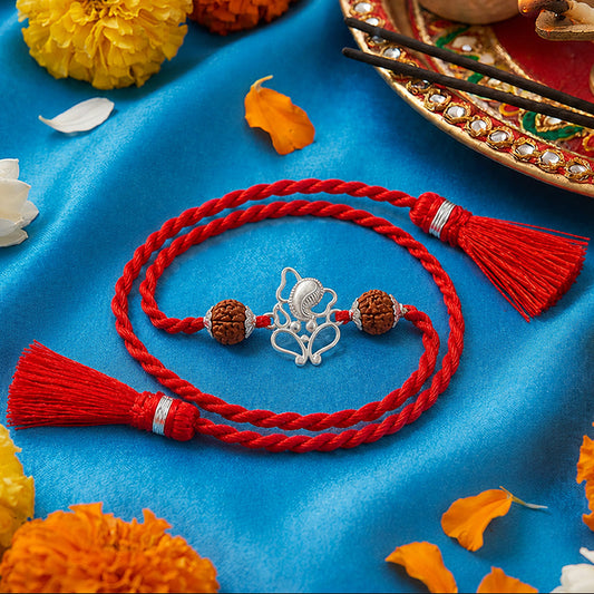 Ganesha Rhodium Plated Rudraksh Silver Rakhi (Zavya Signature)