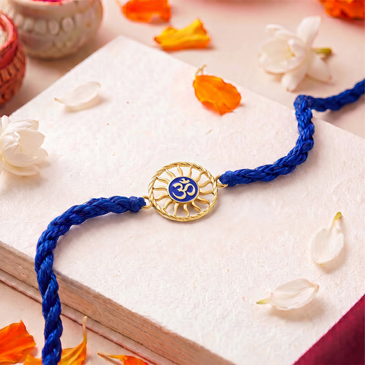 Divine Om Chakra Gold Plated Blue Enamel Silver Rakhi (Zavya Signature)