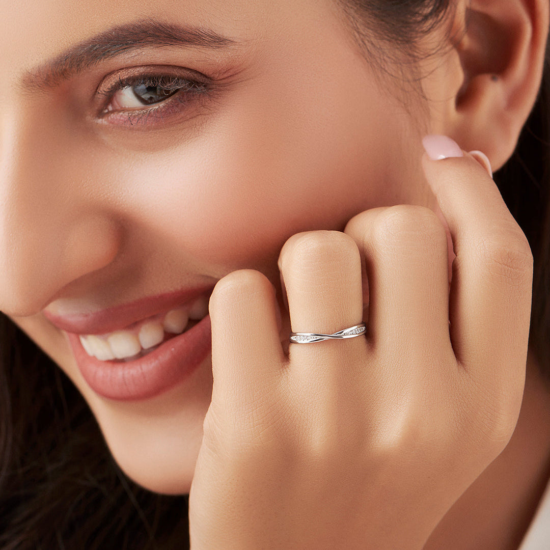 Minimal Rhodium Plated CZ Studded 925 Sterling Silver Women Ring (Adjustable)