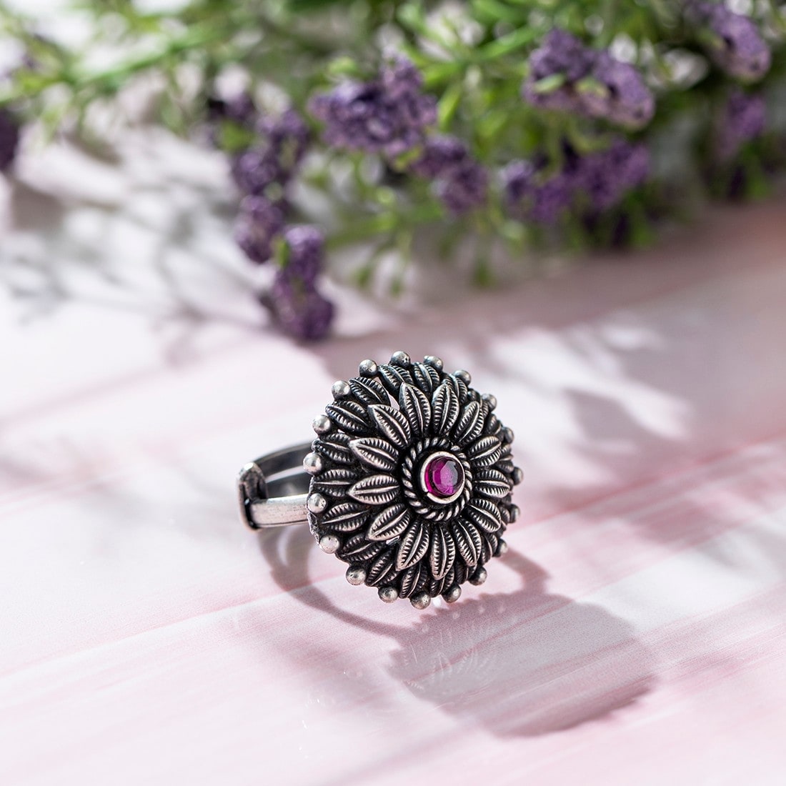 Aster Oxidised 925 Sterling Silver Ring for Women (Adjustable)