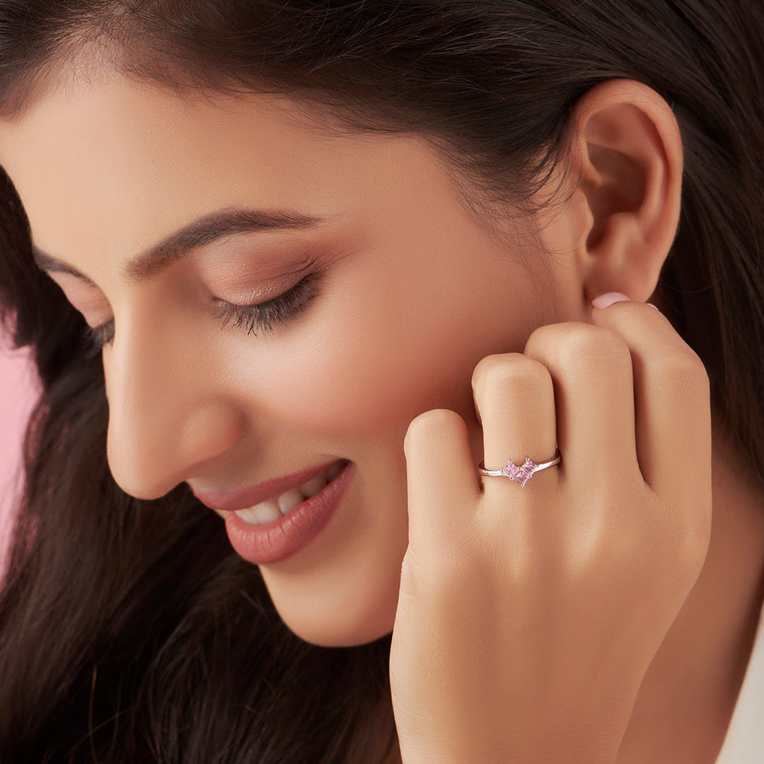 Vibrant Pink Heart Rhodium Plated 925 Sterling Silver Ring for Women (Adjustable)