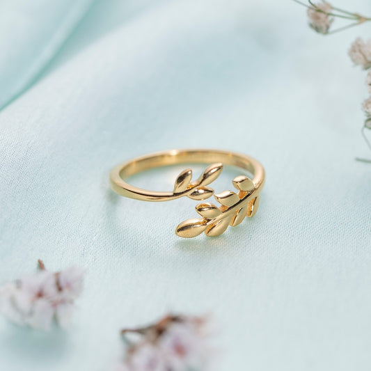 Golden Leaf Adjustable Gold-Plated 925 Sterling Silver Ring (Adjustable)