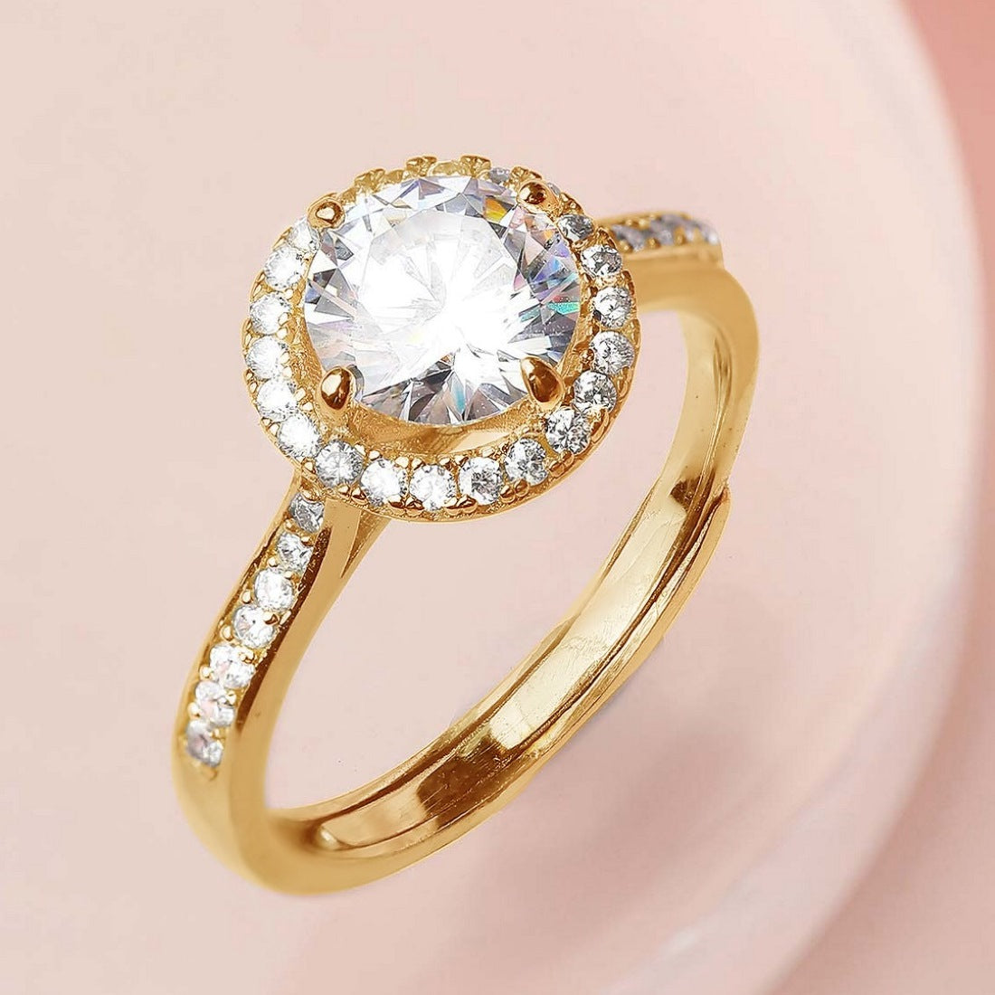 Golden Aura Gold-Plated 925 Sterling Silver Solitaire Halo Ring for Her