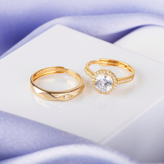 Golden Embrace 925 Sterling Silver Gold-Plated Cubic Zirconia Couple Ring (Adjustable)
