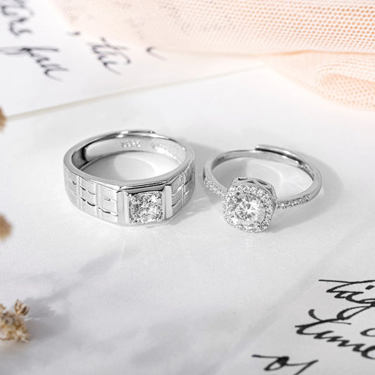 Glimmering Promise Rhodium-Plated 925 Sterling Silver Couple Ring (Adjustable)