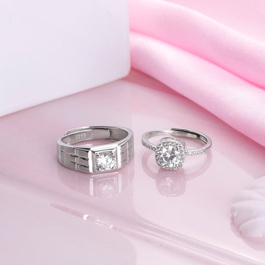 Glimmering Promise Rhodium-Plated 925 Sterling Silver Couple Ring (Adjustable)