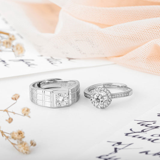 Forever Yours Rhodium-Plated 925 Sterling Silver Couple Ring (Adjustable)