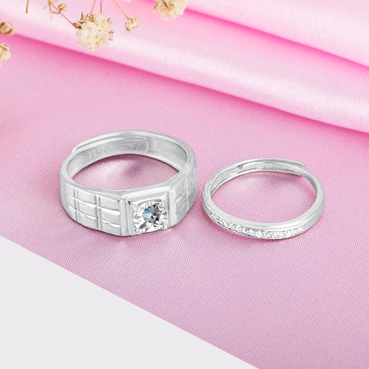 Everlasting Bliss Rhodium-Plated 925 Sterling Silver Solitaire Couple Ring (Adjustable)