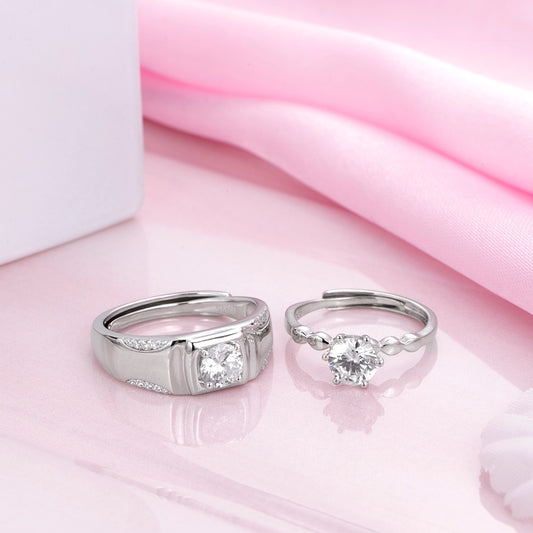 Timeless Devotion Rhodium-Plated 925 Sterling Silver Solitaire Couple Ring (Adjustable)
