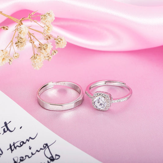 Sparkling Harmony Rhodium-Plated 925 Sterling Silver Couple Ring (Adjustable)