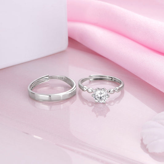 Eternal Radiance Rhodium-Plated 925 Sterling Silver Couple Ring (Adjustable)