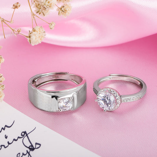 Eternal Sparkle Rhodium-Plated 925 Sterling Silver Couple Ring (Adjustable)