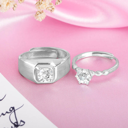 Everlasting Union Solitaire Rhodium-Plated 925 Sterling Silver Couple Ring (Adjustable)