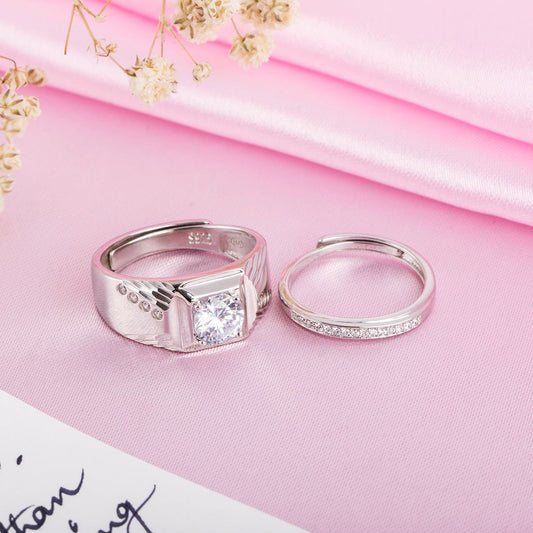 Enchanted CZ Love Rhodium-Plated 925 Sterling Silver Couple Ring (Adjustable)