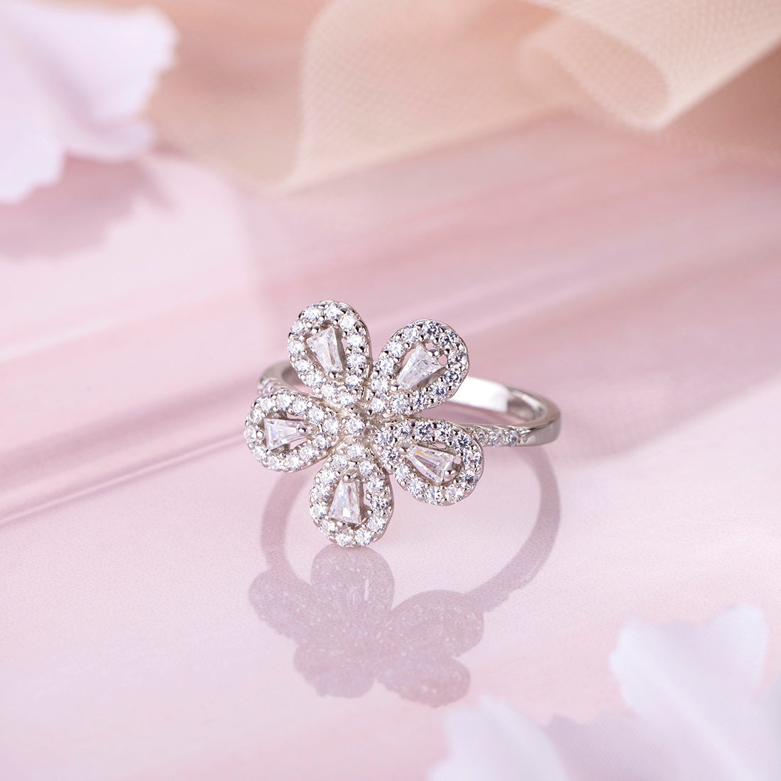 Floral Radiance: Rhodium Plated 925 Sterling Silver Ring for Her