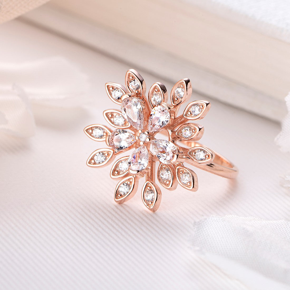 Floral Cubic Zirconia Rose Gold Plated 925 Sterling Silver Ring