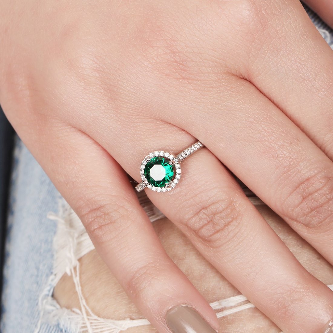 Green Solitaire Halo CZ Studded 925 Sterling Silver Ring (Adjustable)