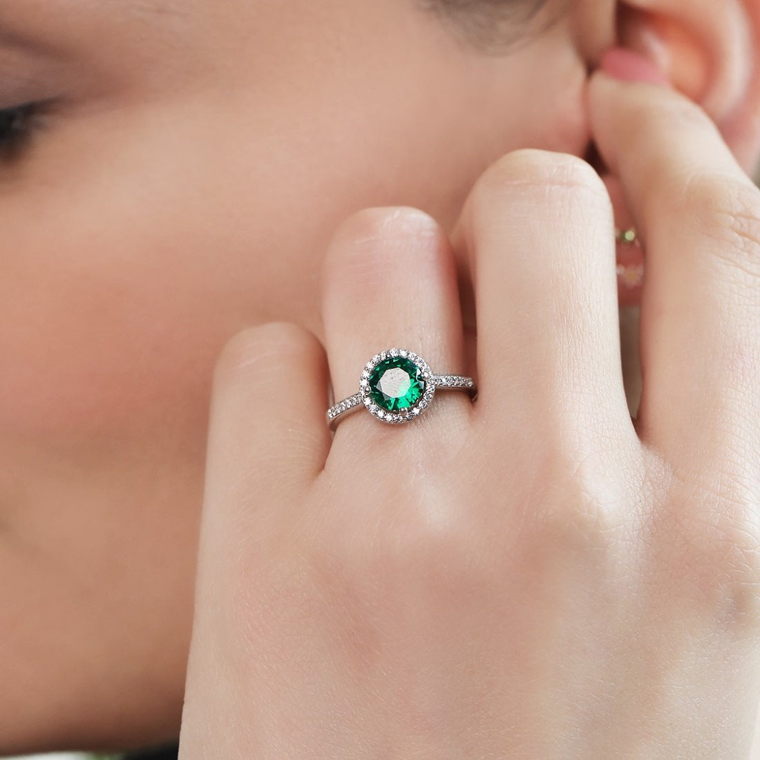 Green Solitaire Halo CZ Studded 925 Sterling Silver Ring (Adjustable)