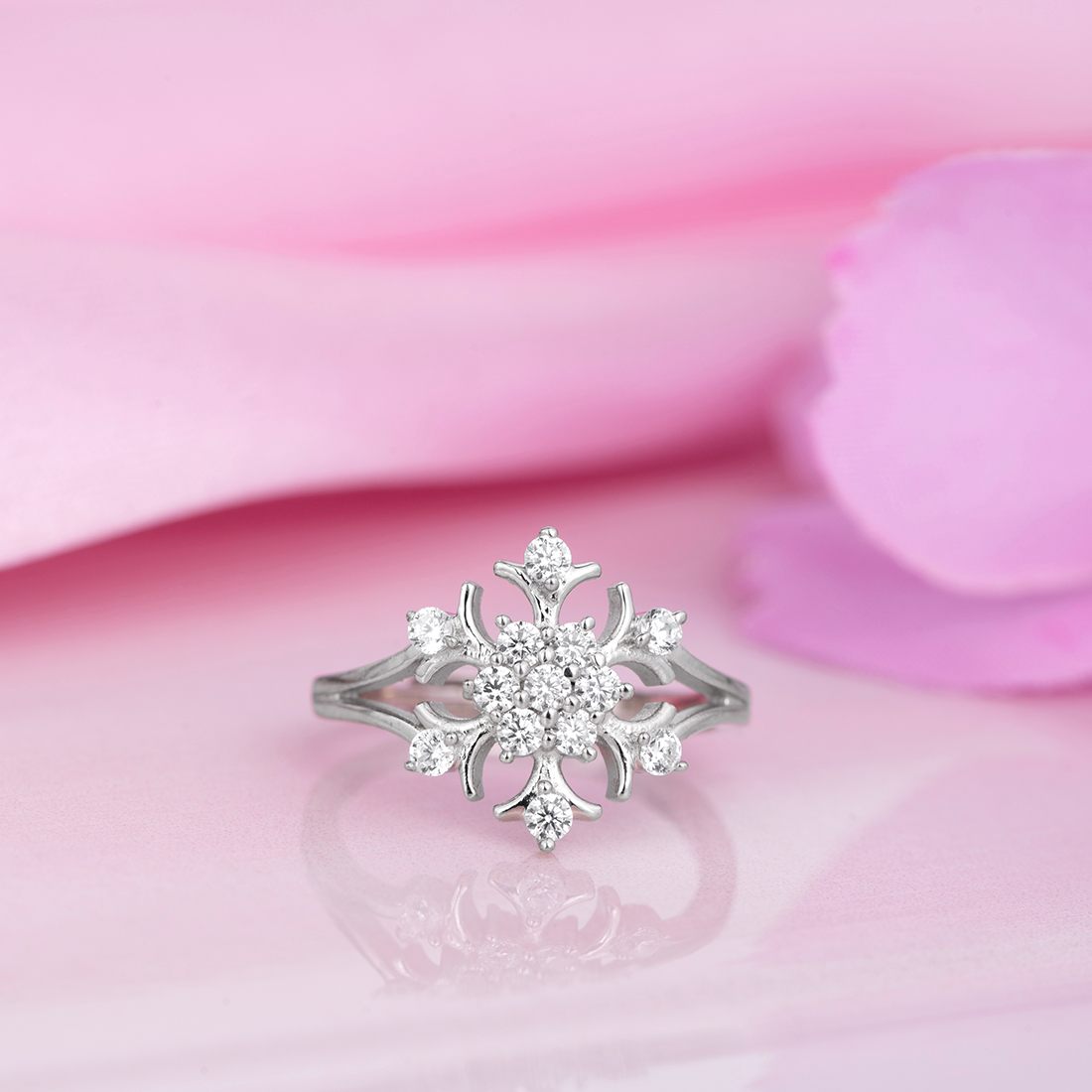Floral Radiance Rhodium Plated 925 Sterling Silver Women's Ring