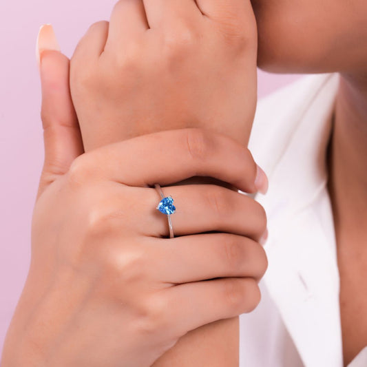 Blue Heart Rhodium Plated 925 Sterling Silver Ring