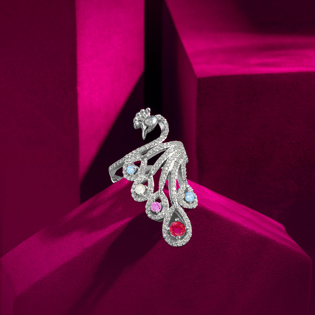 Peacock’s Wings of Wonder Rhodium Plated Ring (Adjustable)