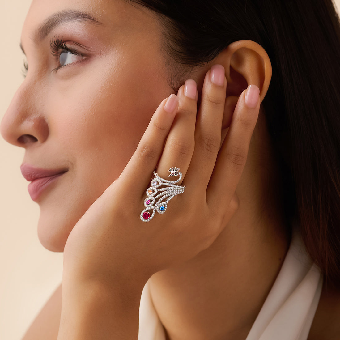 Peacock’s Wings of Wonder Rhodium Plated Ring (Adjustable)