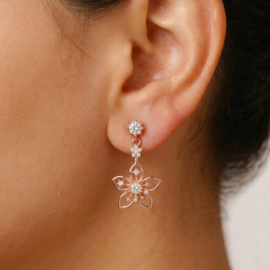 Floral Star Rose Gold Plated 925 Sterling Silver Drop Earrings