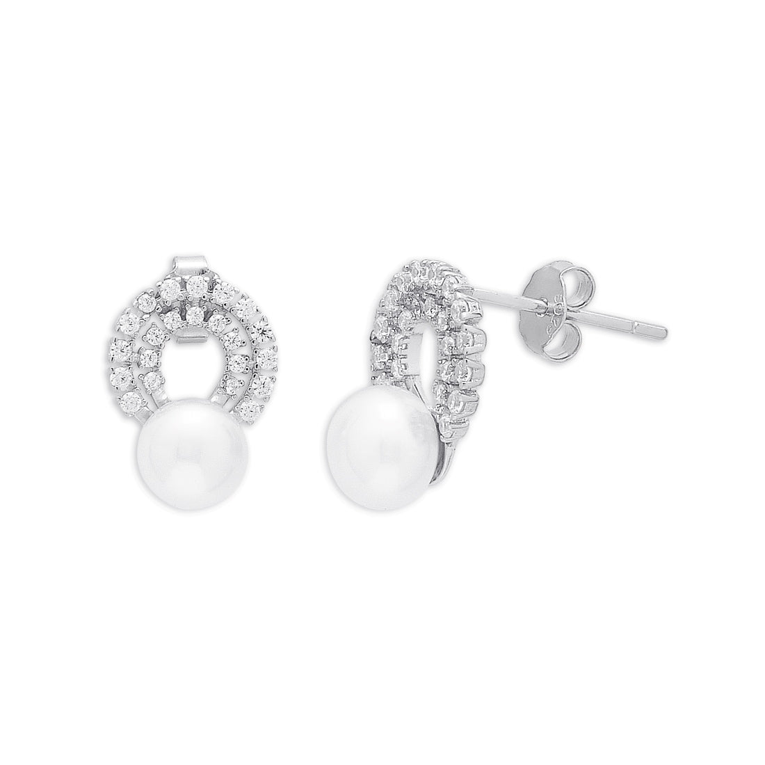Celestial Pearl Elegance Rhodium-Plated 925 Sterling Silver Circle Earrings