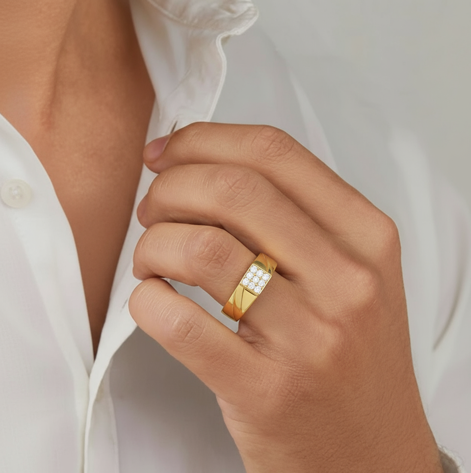 CZ Gold-Plated Silver Band Mens Ring (Adjustable)