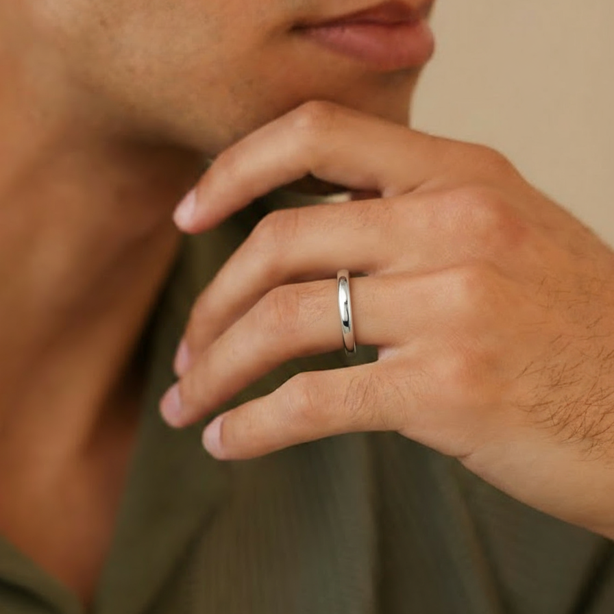 Rhodium-Plated Silver Mens Band Ring (Adjustable)