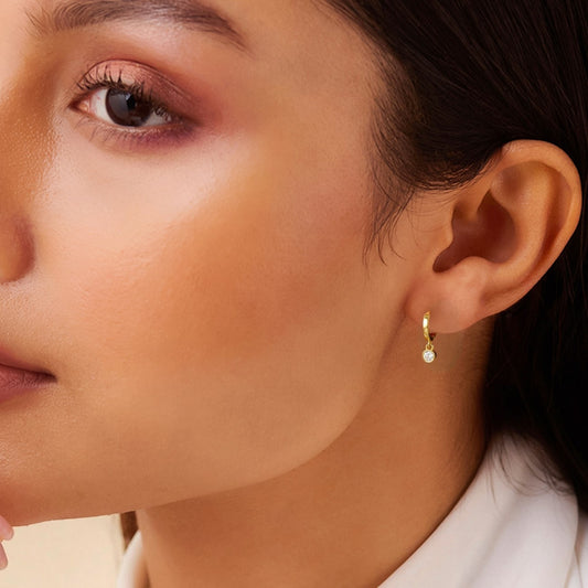 Minimal Solitaire Drop Gold Plated 925 Silver Hoop Earrings
