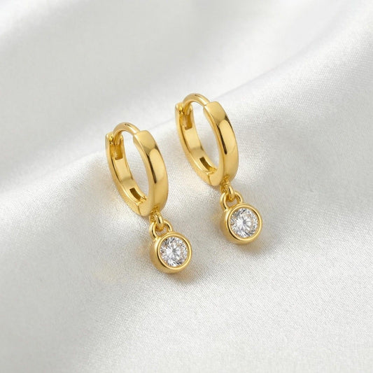Minimal Solitaire Drop Gold Plated 925 Silver Hoop Earrings