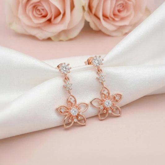 Floral Star Rose Gold Plated 925 Sterling Silver Drop Earrings