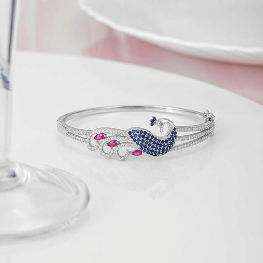 Regal Plumage Rhodium-Plated 925 Sterling Silver Peacock Bracelet