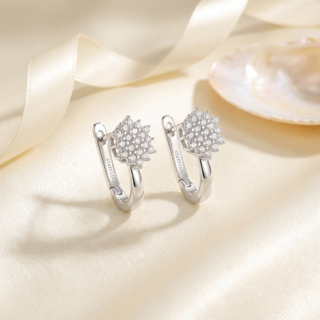 Floral Whisper Silver Hoop Rhodium Plated Earrings