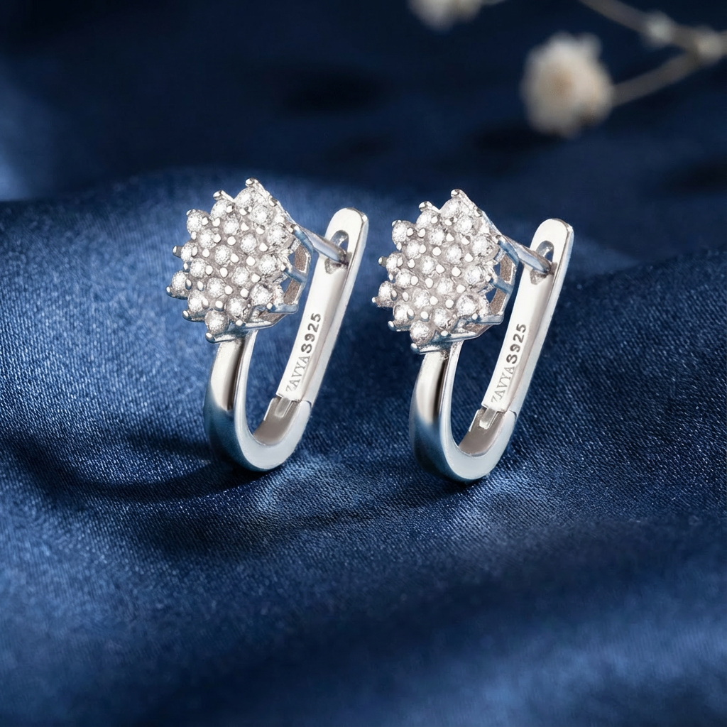 Floral Whisper Silver Hoop Rhodium Plated Earrings