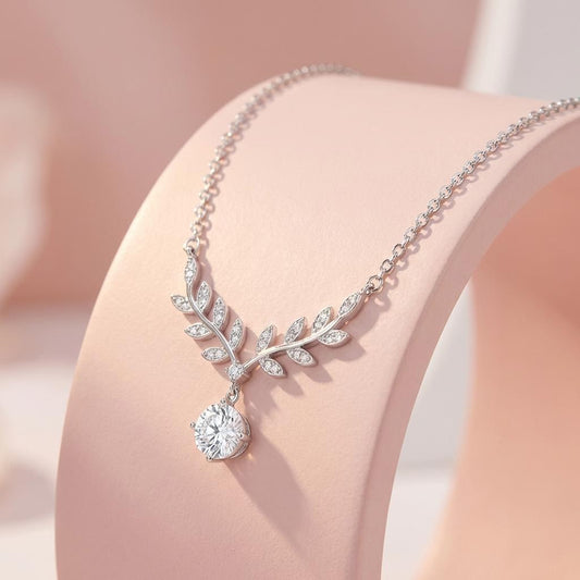 Leaf Drop Solitaire Rhodium Plated 925 Silver Necklace
