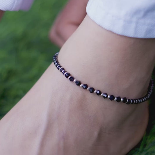 Black & White Beaded Stone 925 Sterling Silver Anklet