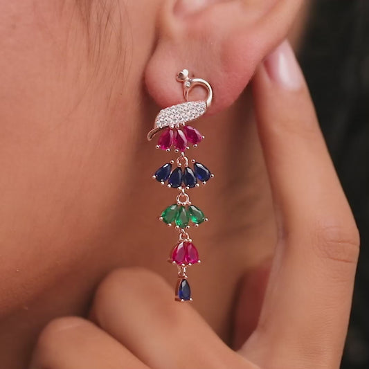 Peacock Rose Gold Plated Cubic Zirconia 925 Sterling Silver Drop Earrings