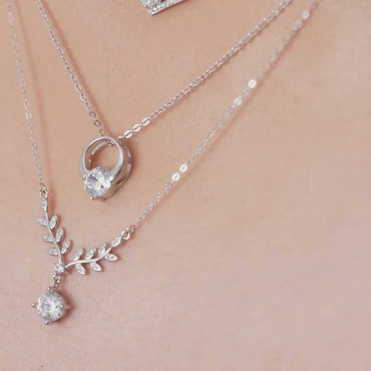 Leaf Drop Solitaire Rhodium Plated 925 Silver Necklace